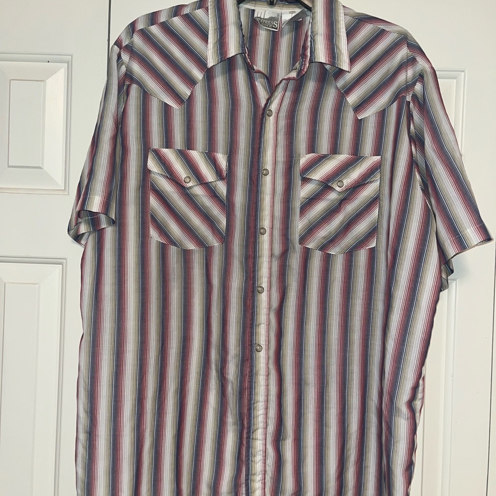 Express Red and Blue Casual Button Down Shirt